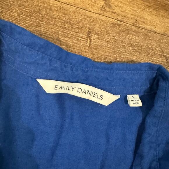 Emily Daniels Linen Blend Roll Tab Half Sleeve Button-Up Shirt Blue Large Pocket - Picture 4 of 9